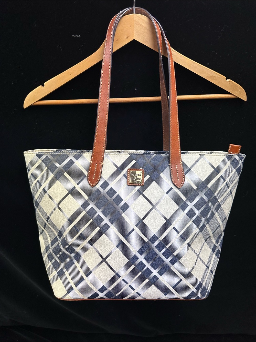 Dooney & Bourke Navy and White Plaid Tote with Brown Leather Straps